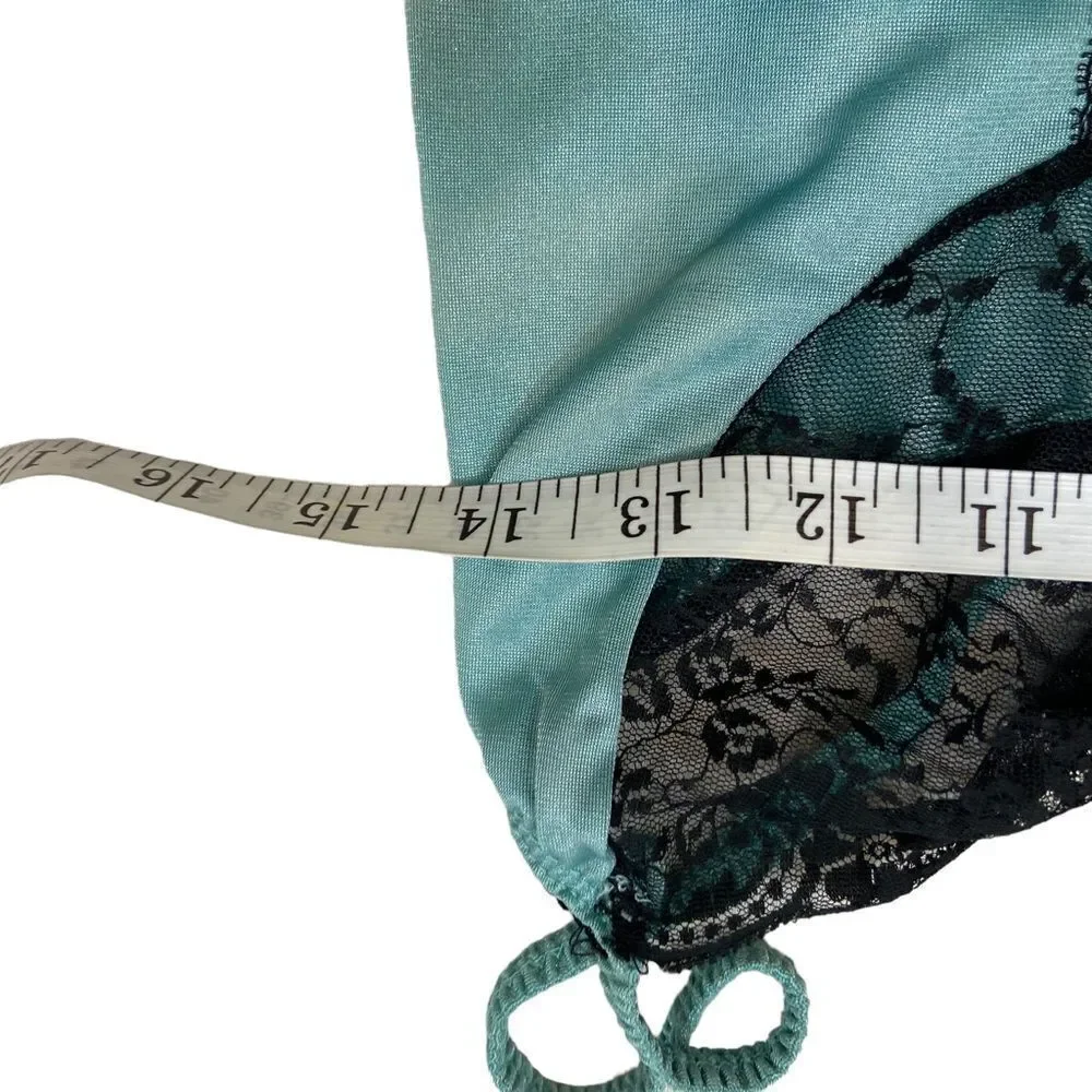 Vintage Nan Flower Blue and Black Two Piece Lingerie Set Camisole Panties Medium